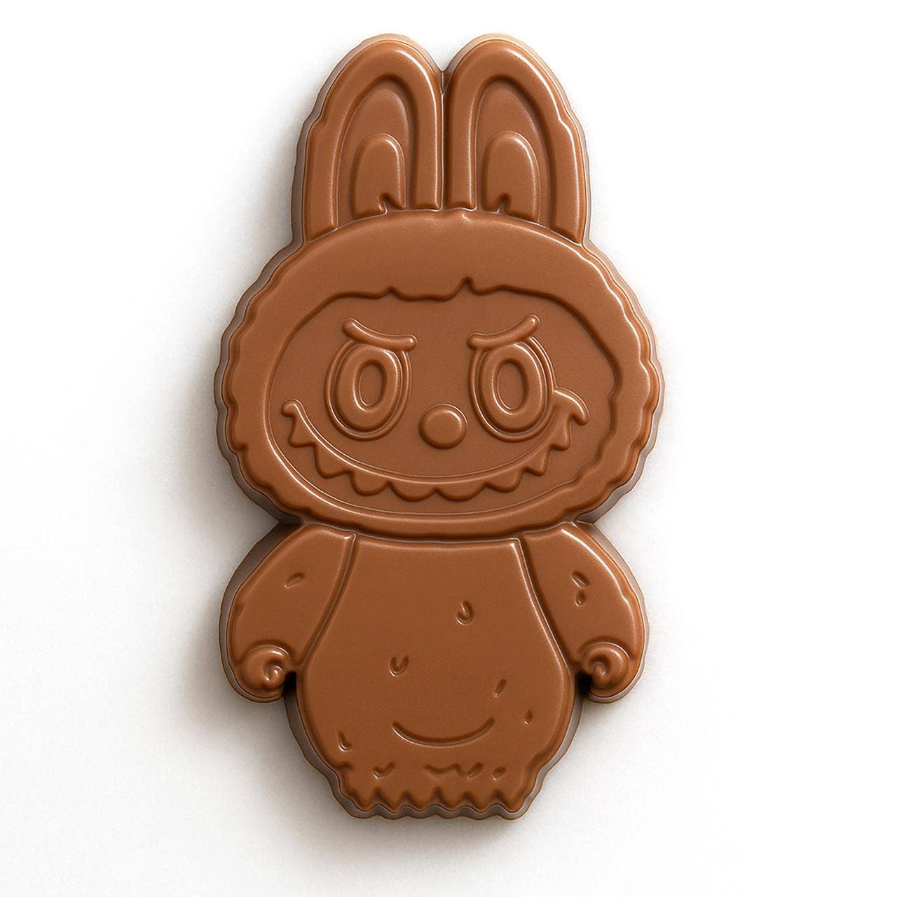 Chocolate bunny mold with a face on a white background