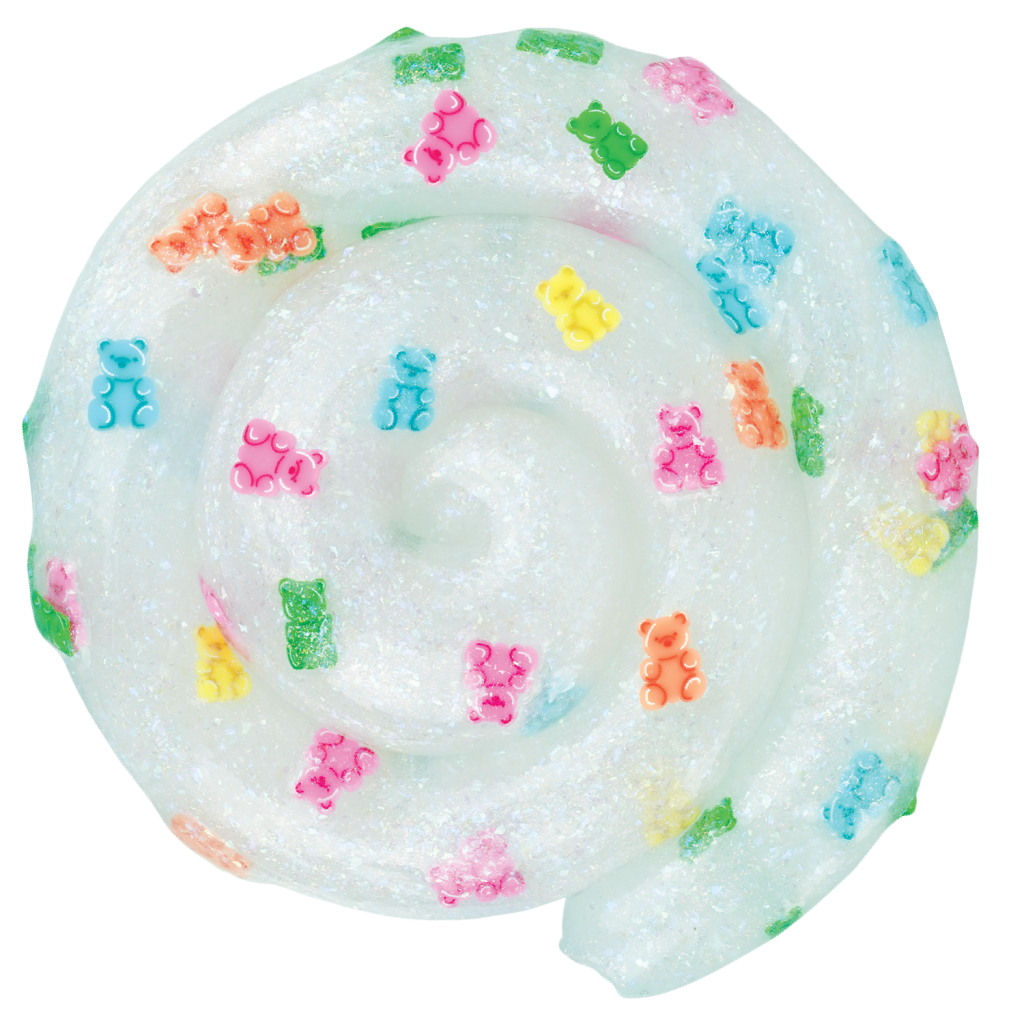 White, glittery putty with polymer beads shaped as colorful gummy bears on a white background