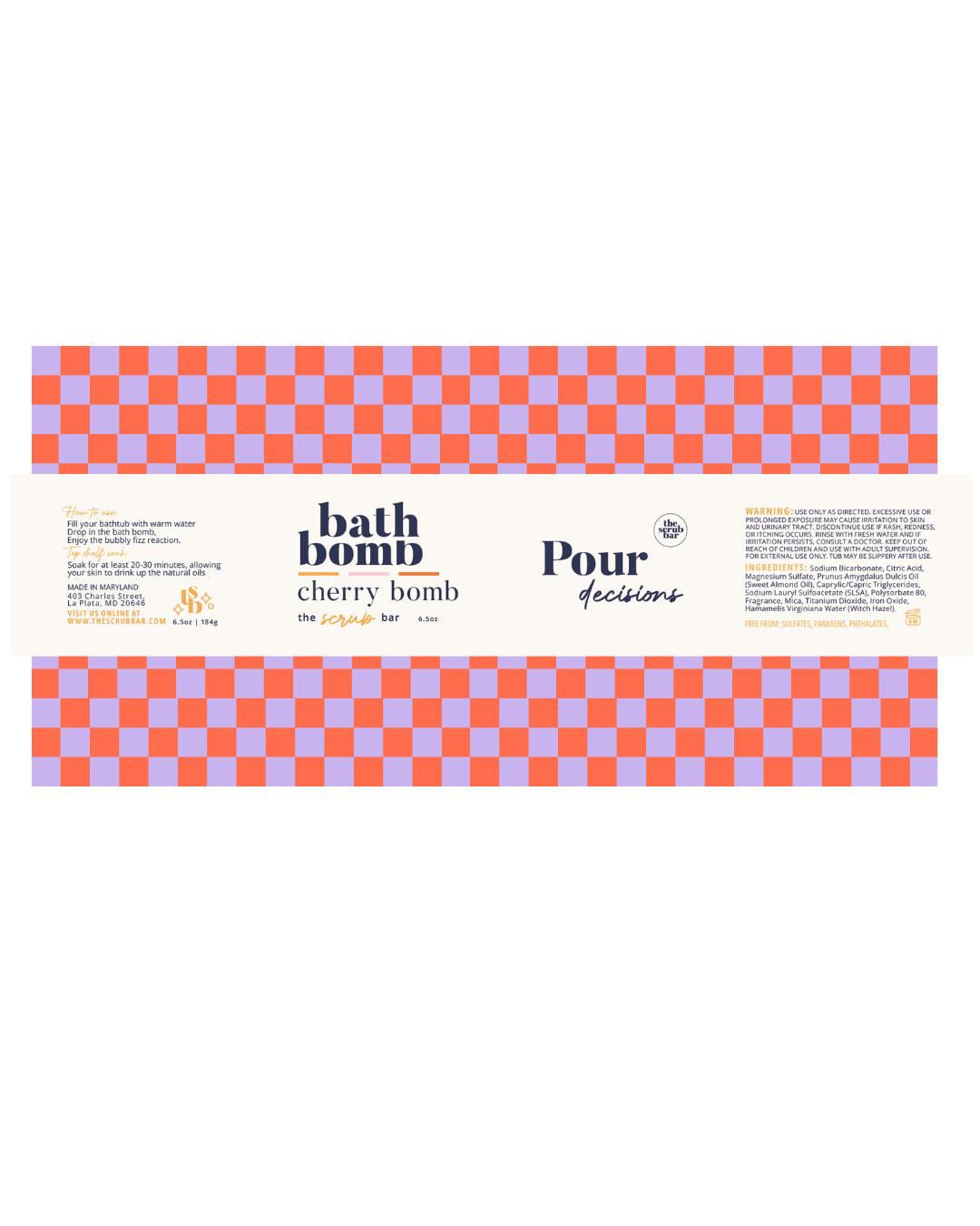 Bath bomb packaging with checkered design and text on a white background