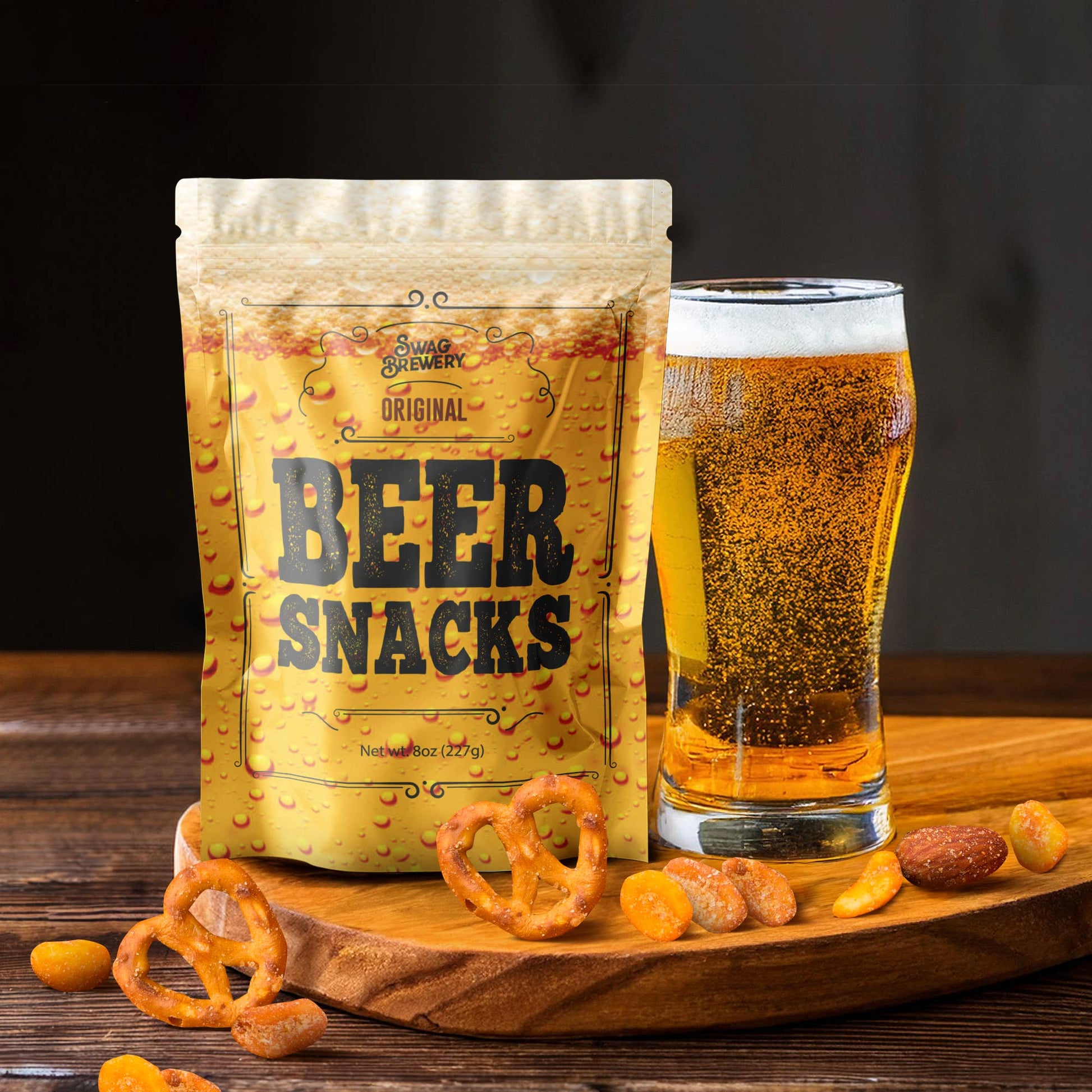 Bag of beer snacks with a glass of beer on a wooden board