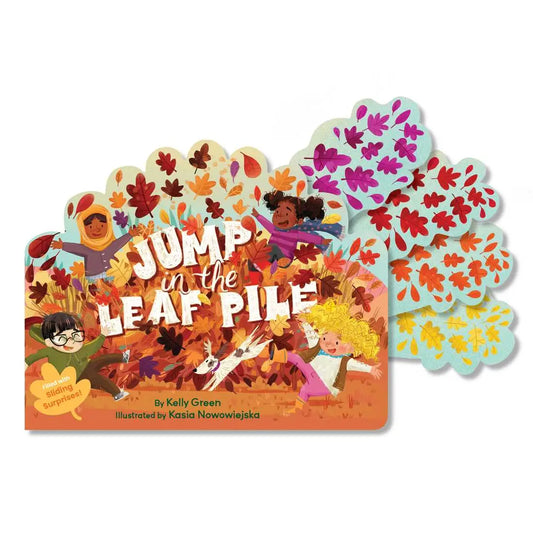 Children's book titled 'Jump in the Leaf Pile' with colorful illustrations on a white background