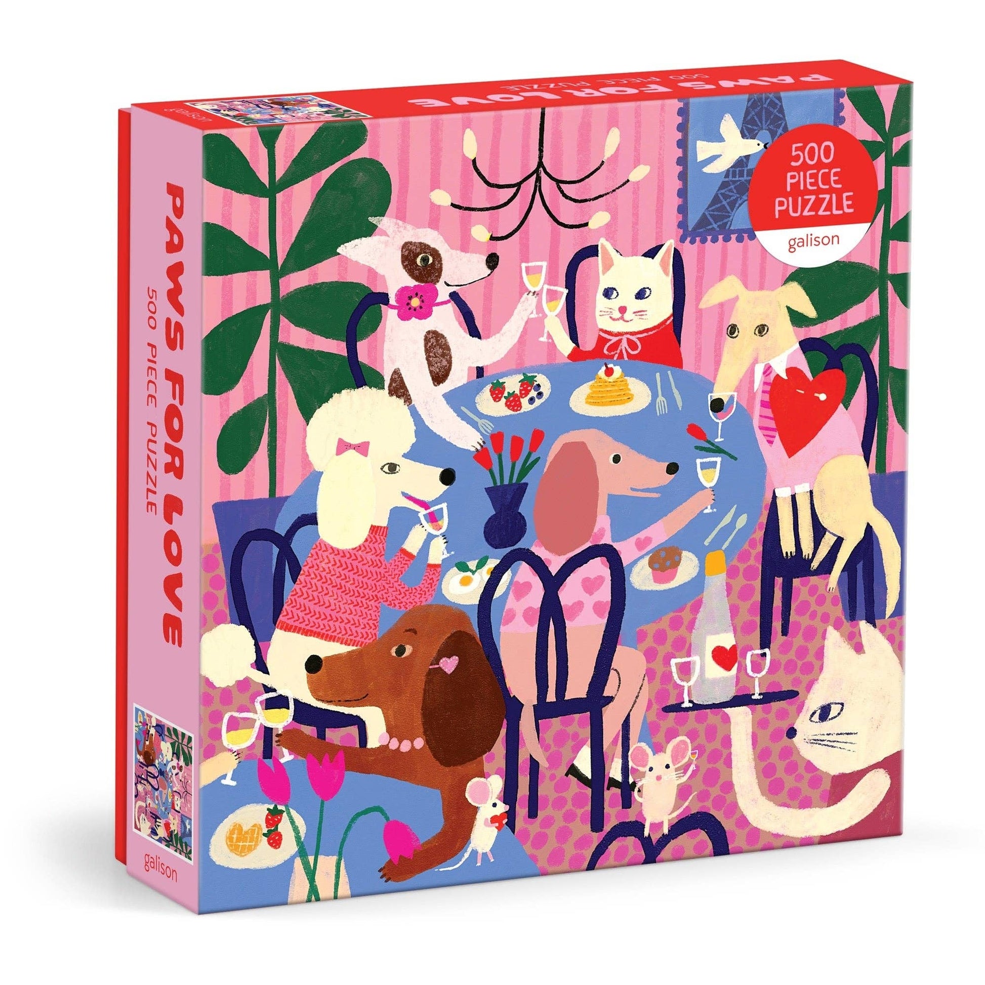 Jigsaw puzzle box with cartoon animals at a dinner party on a pink background