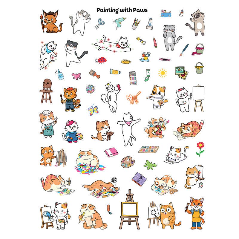 Collection of cartoon cat illustrations with various activities on a white background, featuring the brand 'Painting with Paws'.