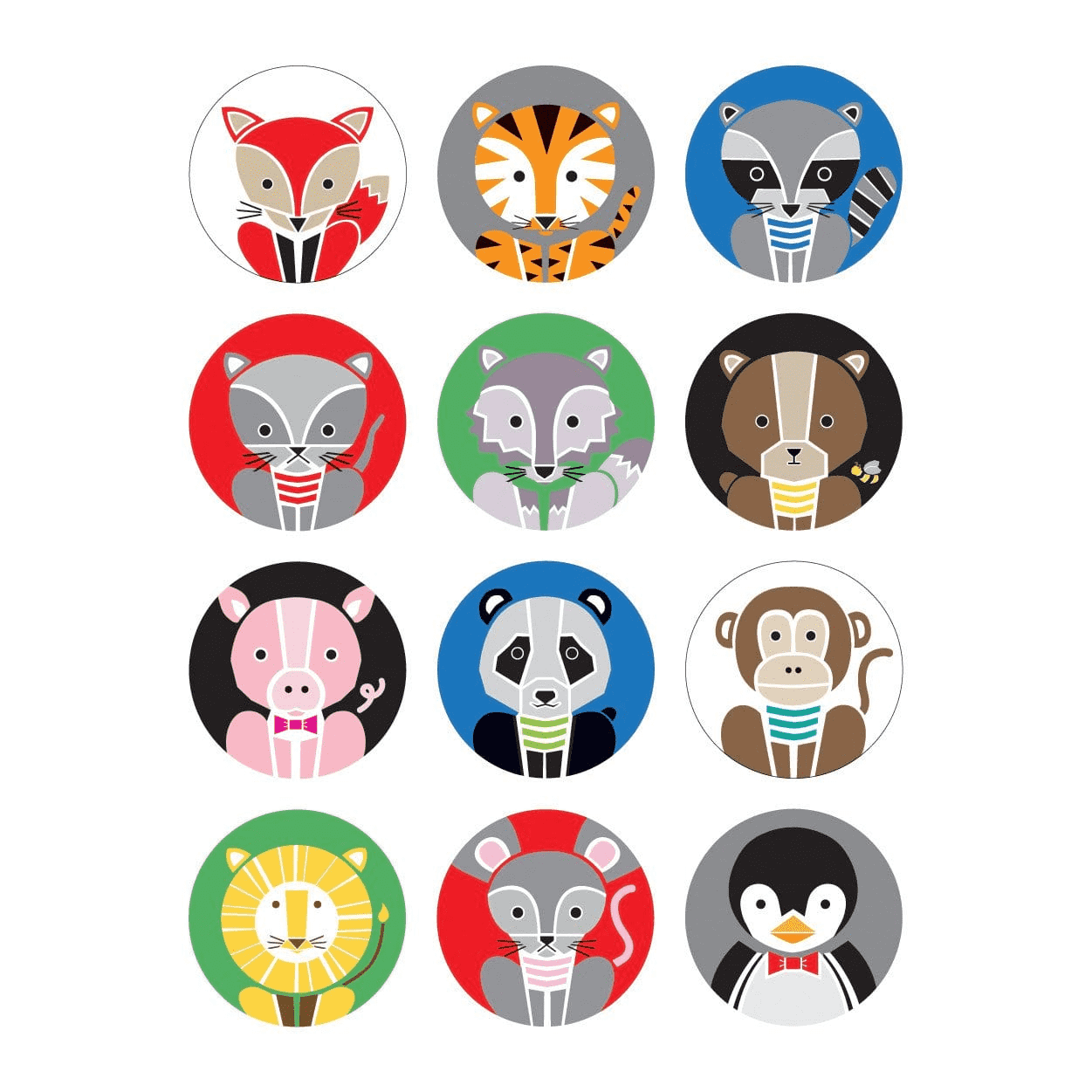 Set of round stickers with various animal illustrations on a white background