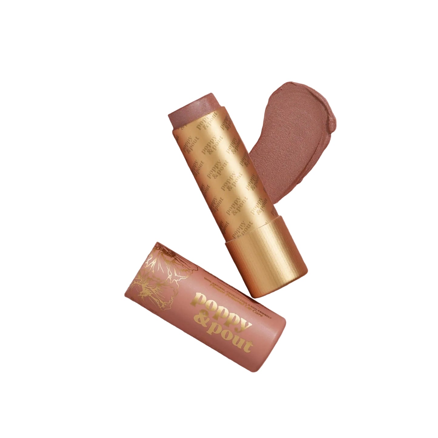 Two makeup products with gold and pink packaging on a white background