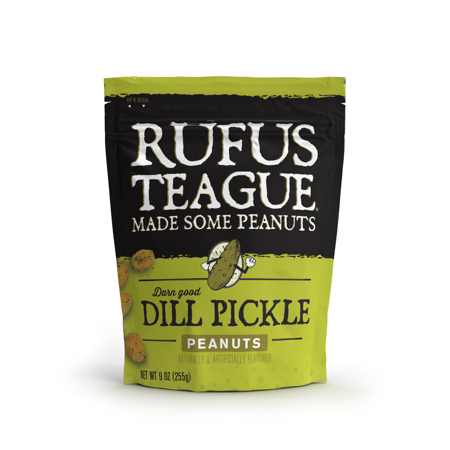 Bag of Rufus Teague Dill Pickle peanuts on a white background