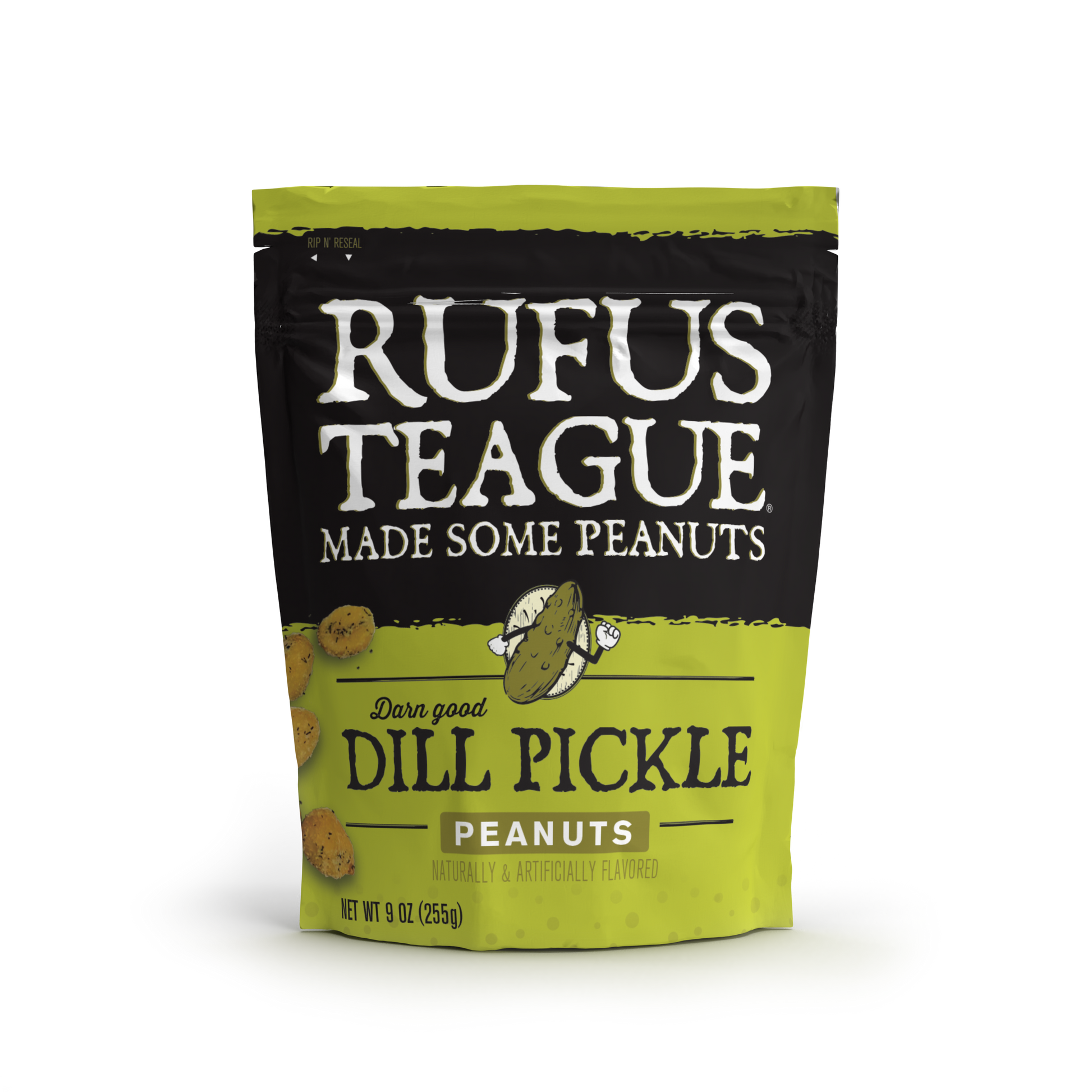 Bag of Rufus Teague Dill Pickle peanuts on a white background
