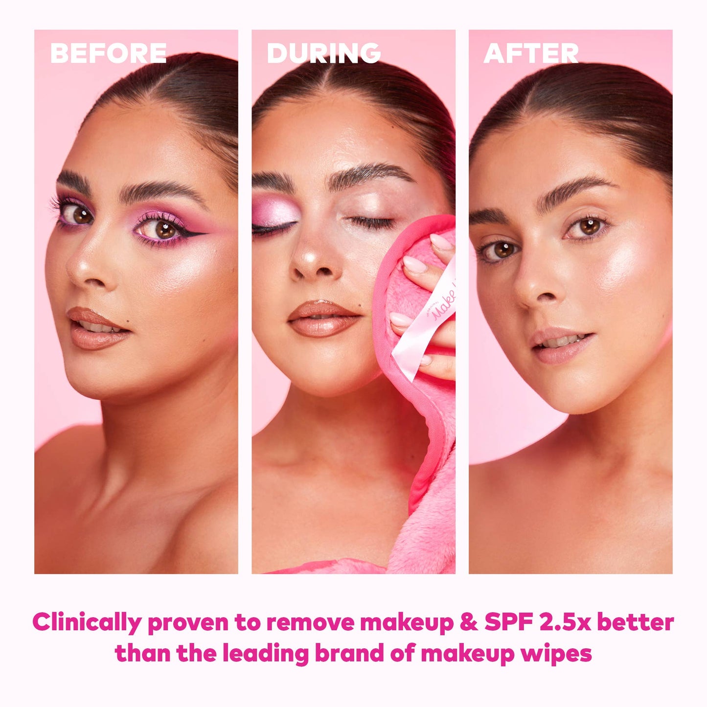 Before, during, and after using a makeup removal product on a pink background.