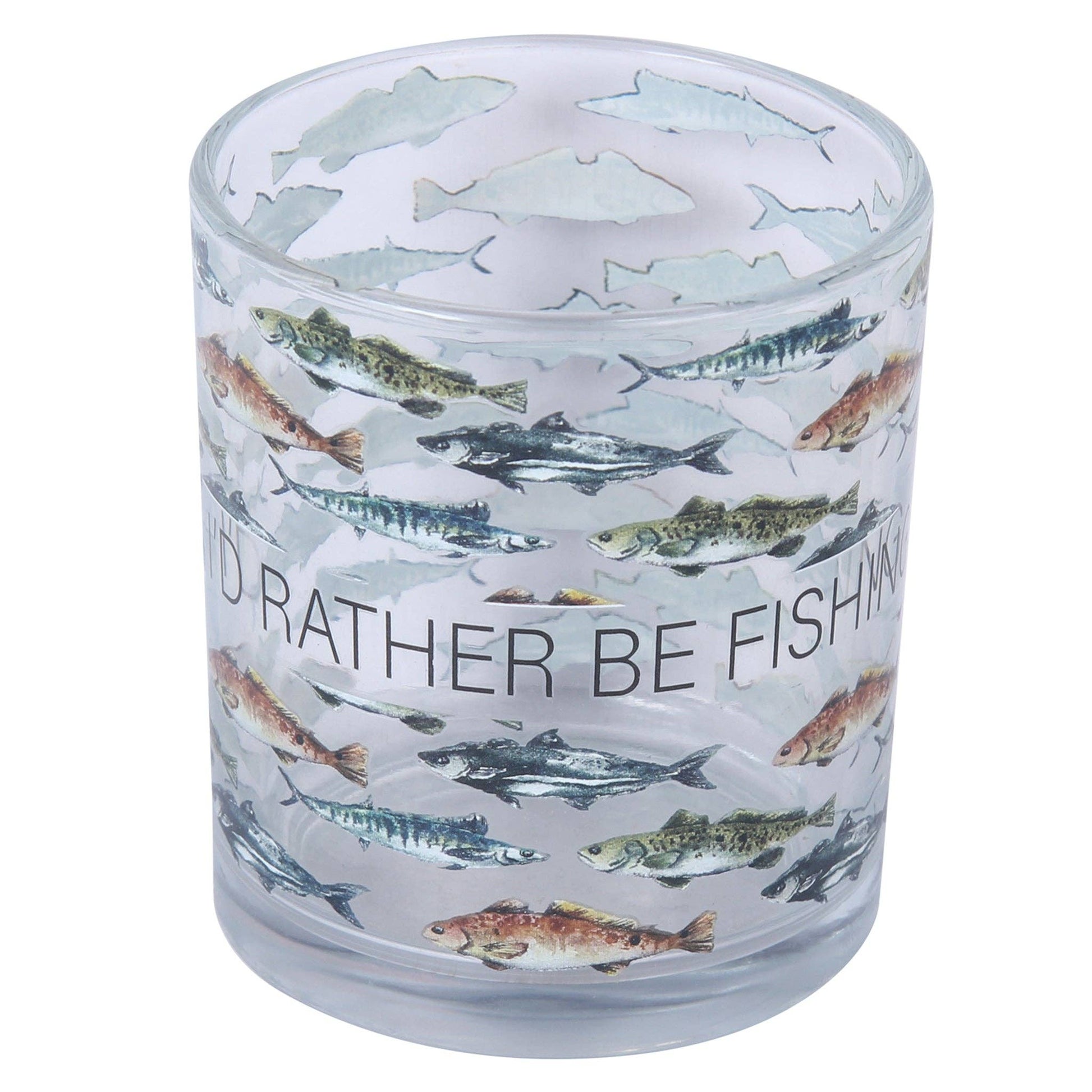 Rocks glass with fish illustrations and 'I'd Rather Be Fishing' text on a white background