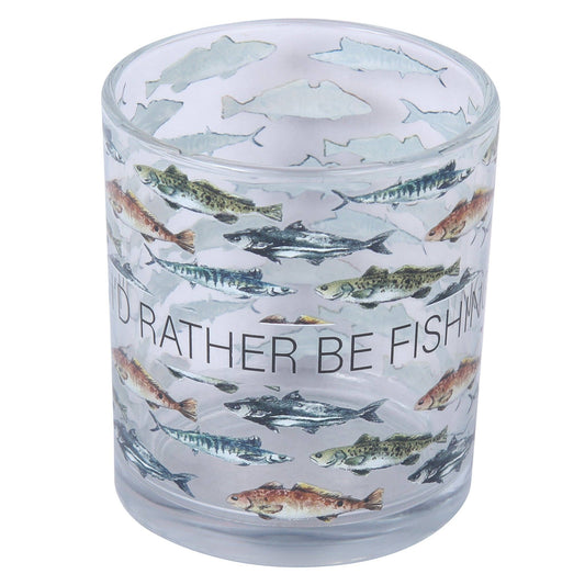Rocks glass with fish illustrations and 'I'd Rather Be Fishing' text on a white background