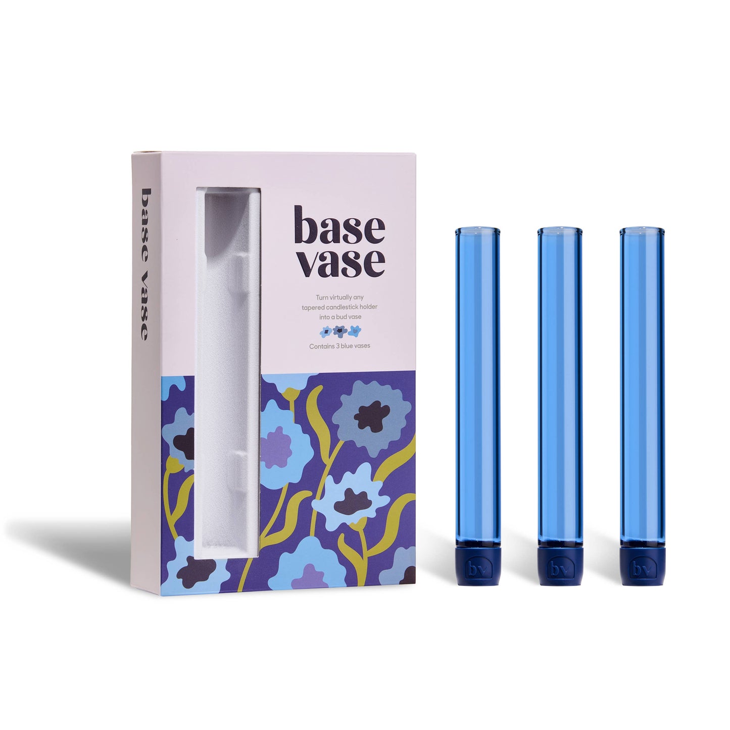 Base Vase packaging with three blue vases on a white background