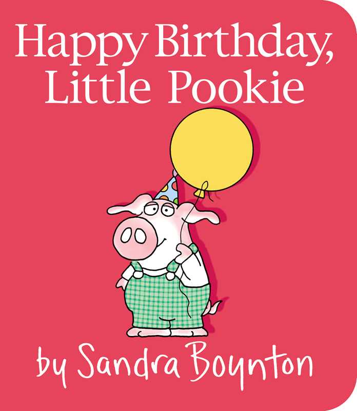 Book cover of 'Happy Birthday, Little Pookie' with a cartoon pig holding a yellow balloon on a red background.