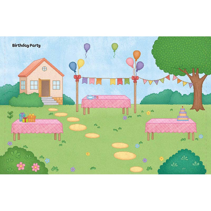 Illustration of a birthday party scene with tables, balloons, and a house.