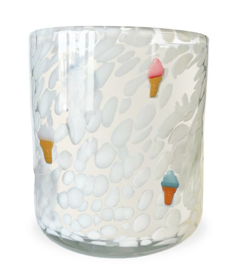 Glass tumbler with ice cream cone design on a textured white background