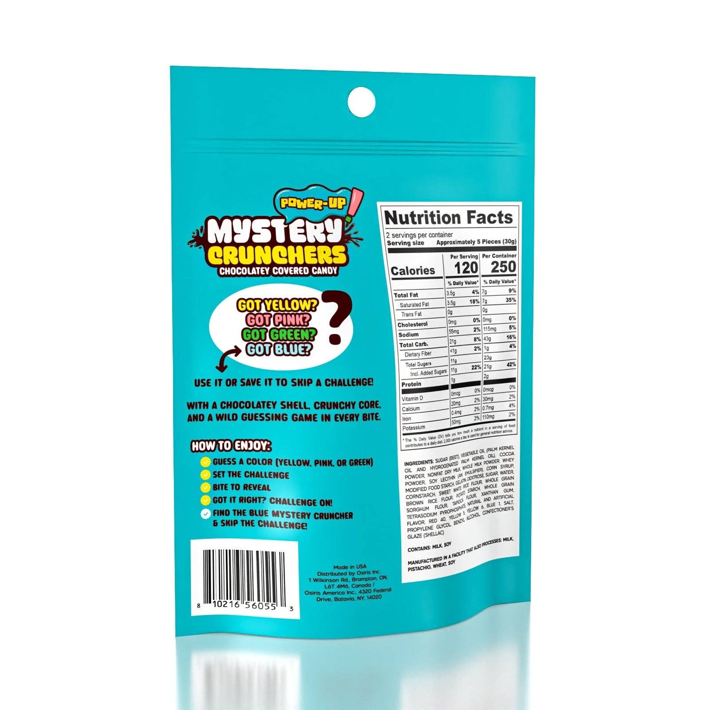 a back view of the 'mystery crunchers' bagged candy on a white background