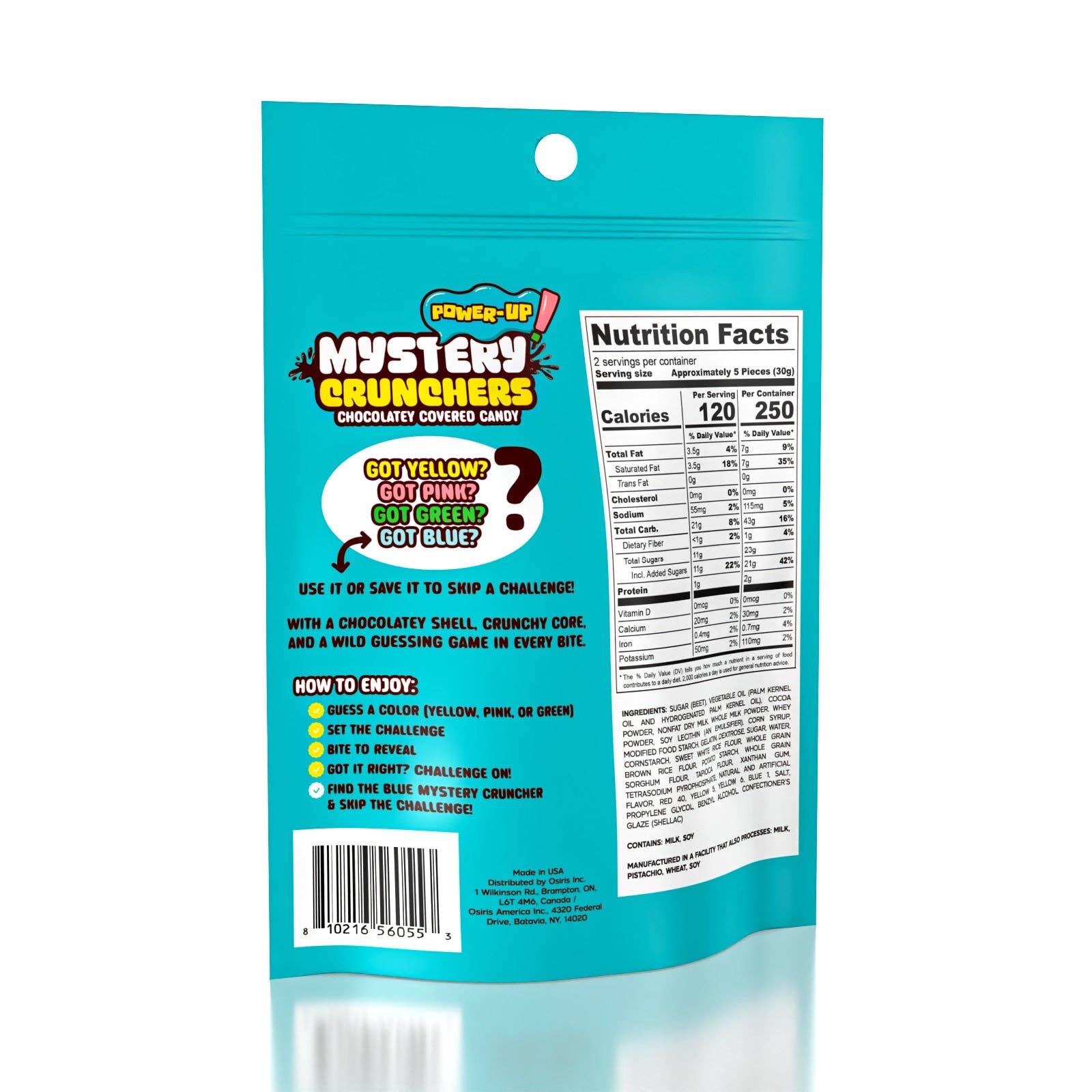 a back view of the 'mystery crunchers' bagged candy on a white background