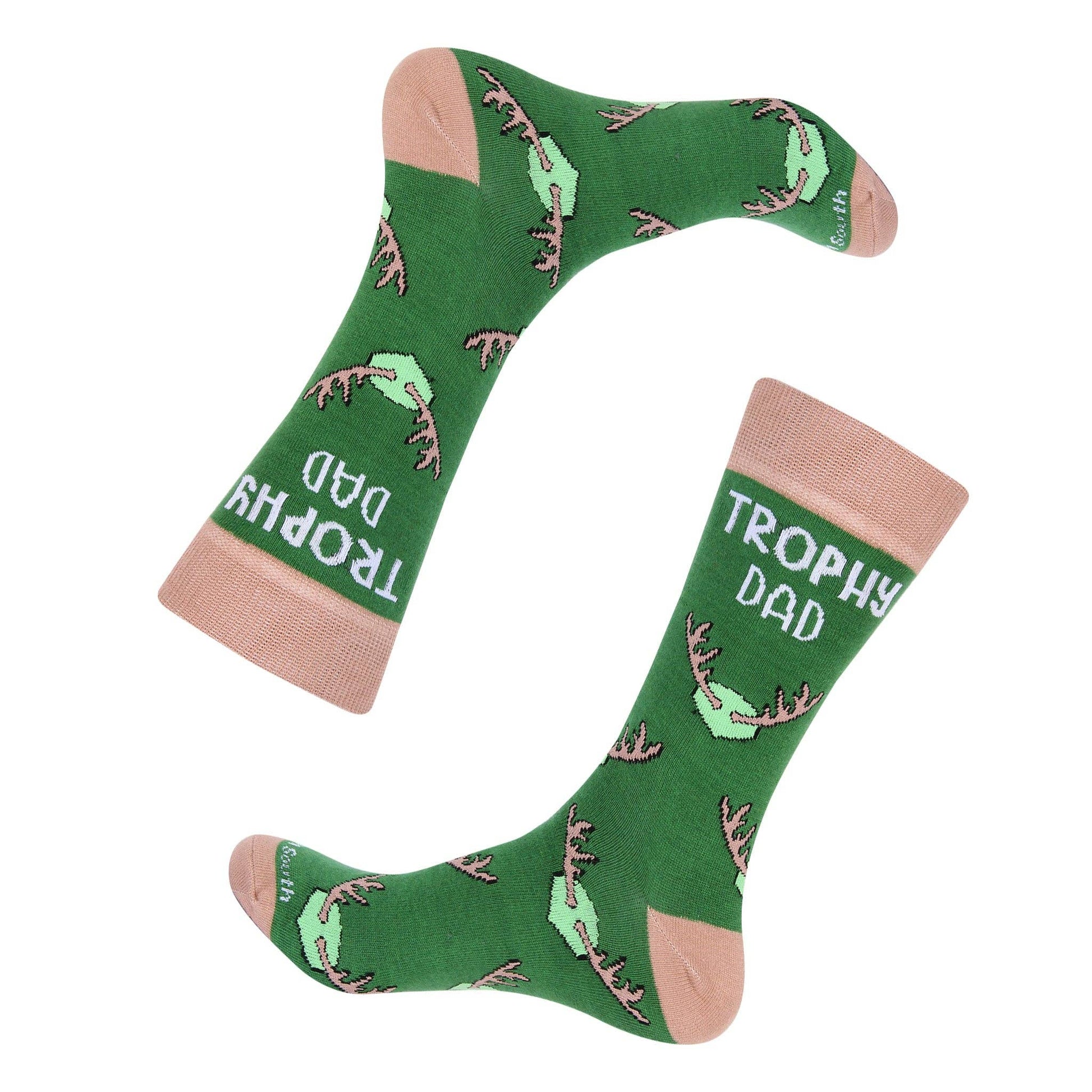 Green socks with 'Trophy Dad' text and antler pattern on a white background
