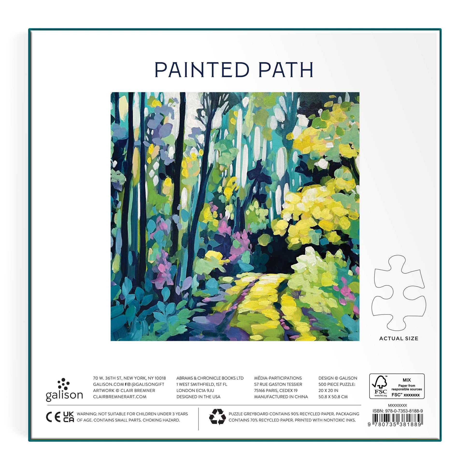 Jigsaw puzzle packaging with a colorful forest design and 'Painted Path' text.
