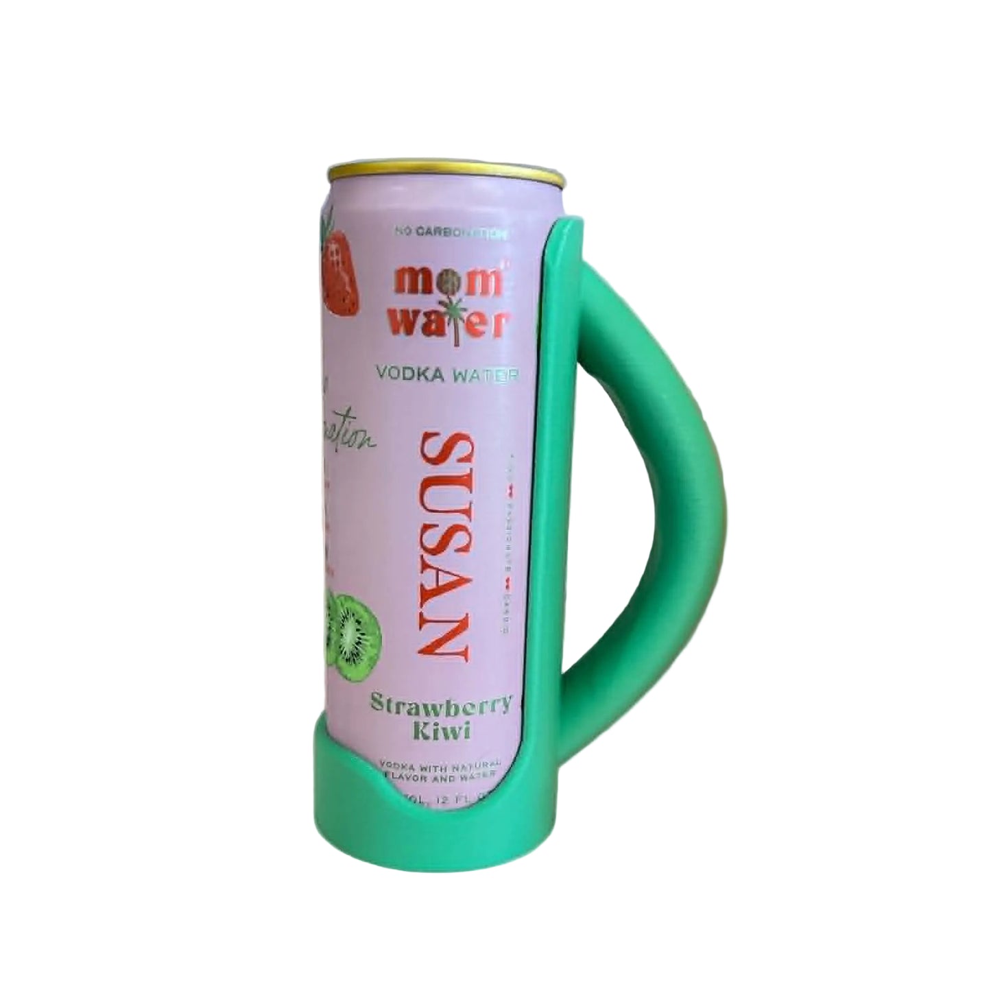 Pink can with green handle labeled 'Susan' on a white surface.