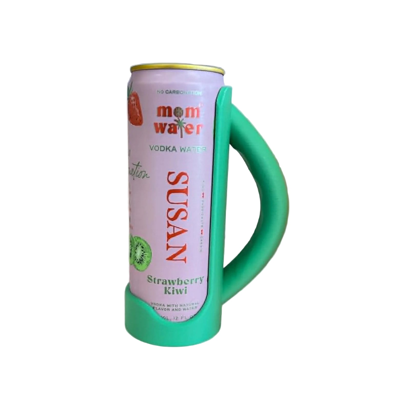 Pink can with green handle labeled 'Susan' on a white surface.