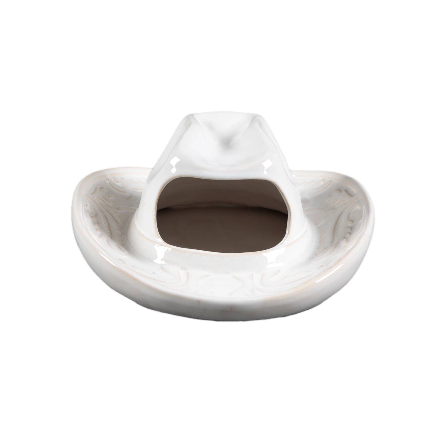 Top view of hanging White ceramic vase shaped like a cowboy hat on a white background