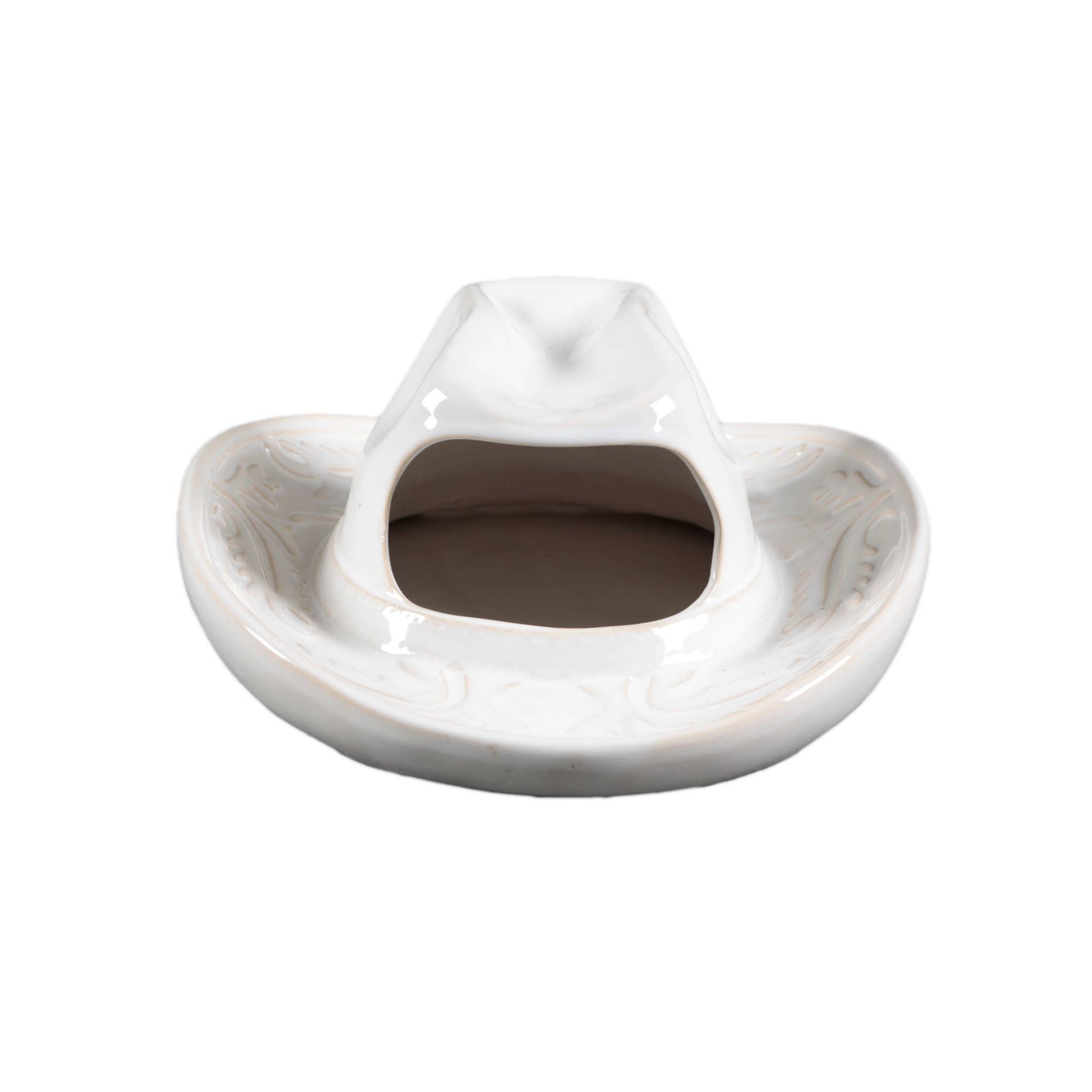 Top view of hanging White ceramic vase shaped like a cowboy hat on a white background