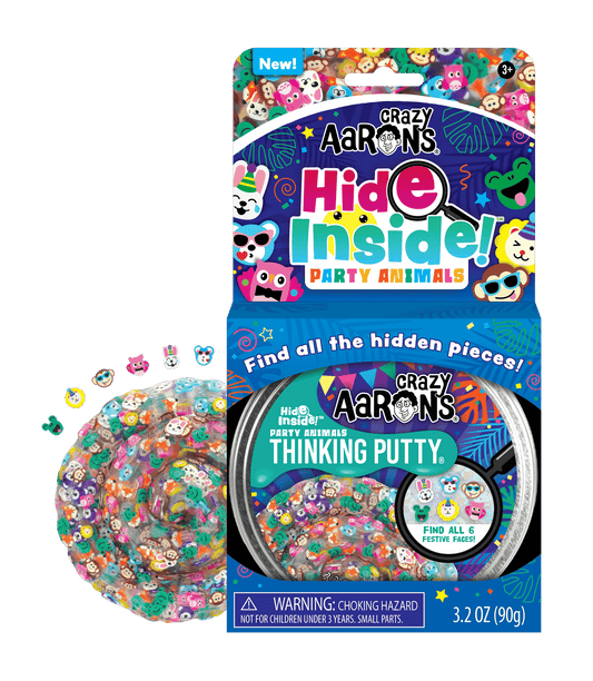 Crazy Aaron's Hide Inside! Party Animals putty and thinking putty packaging on a white background