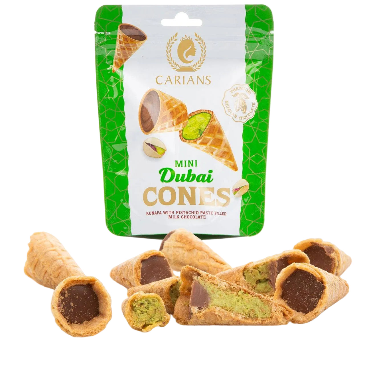 Packaged mini Dubai cones with visible brand name on a white background