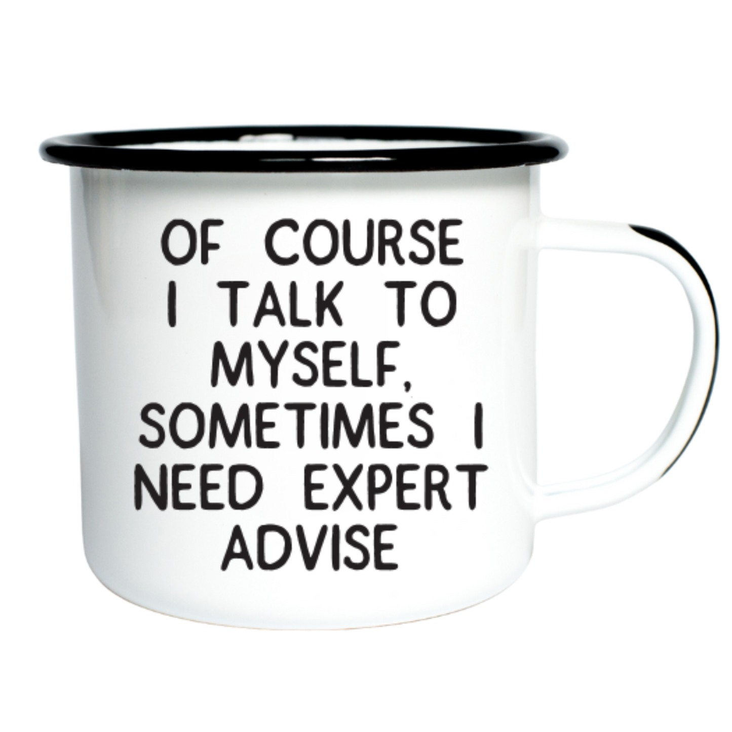 White mug with black text and black rim on a white background