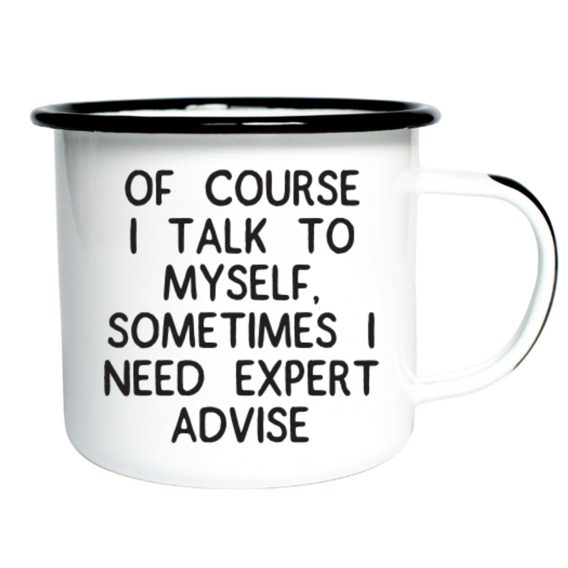 White mug with black text and black rim on a white background