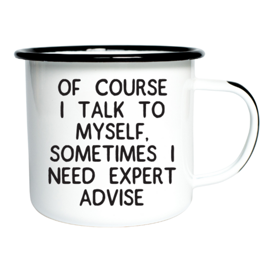 White mug with black text and black rim on a white background