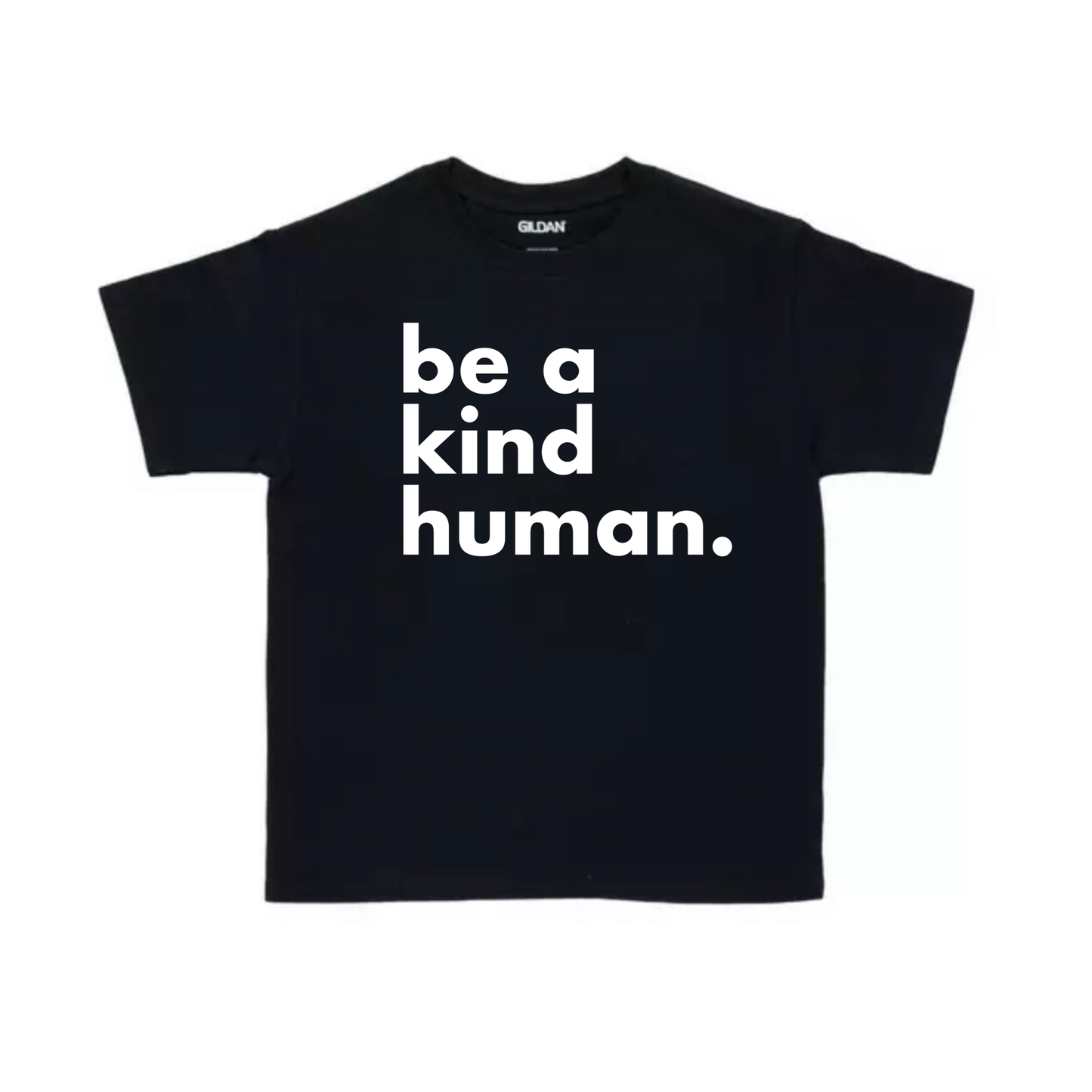 Black t-shirt with 'be a kind human' text on a white background
