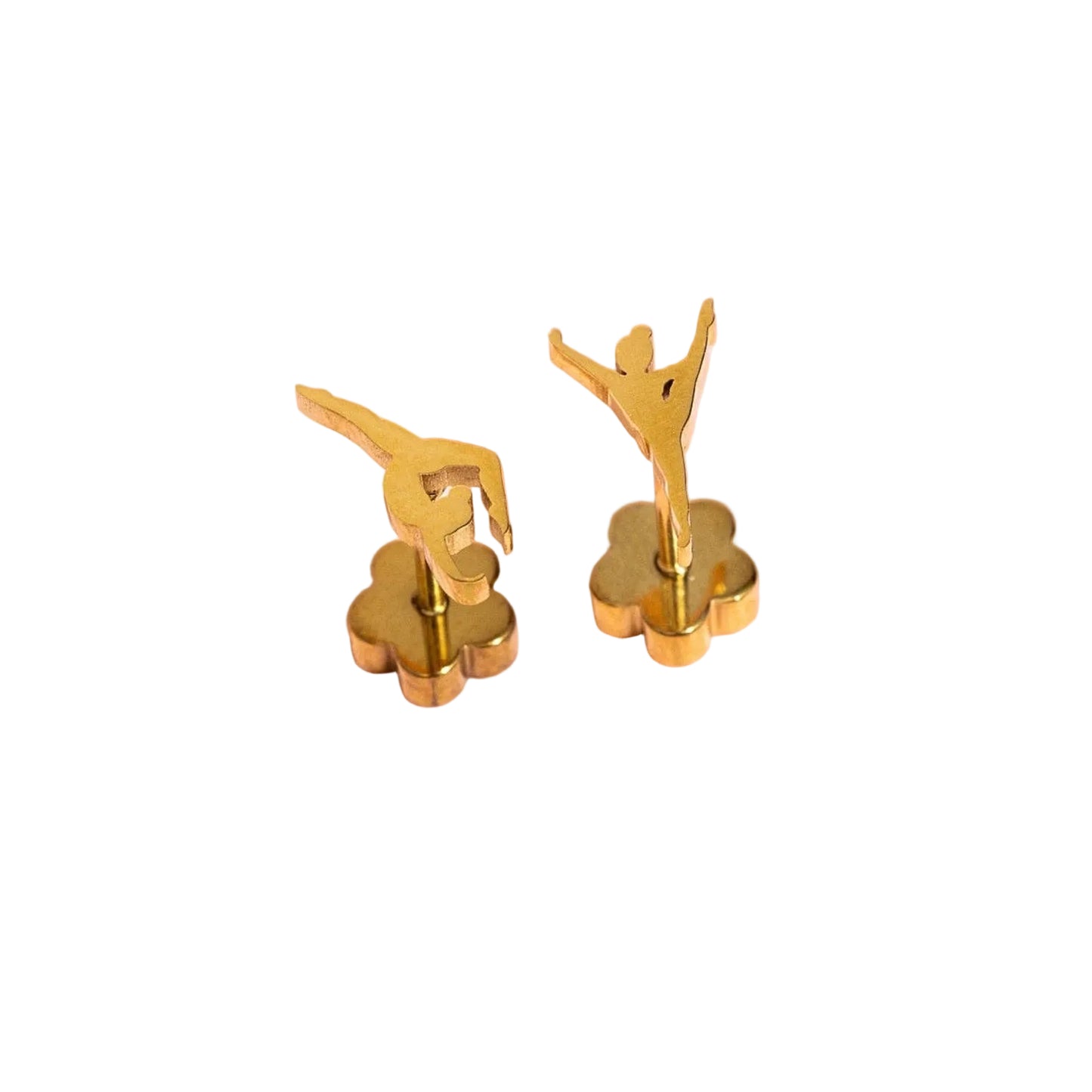 A pair of gold-toned stud earrings shaped like gymnasts in various poses, displayed on a white background 