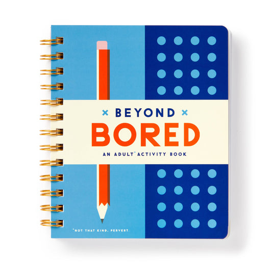 Colorful activity book titled 'Beyond Bored' with a pencil illustration on a white background