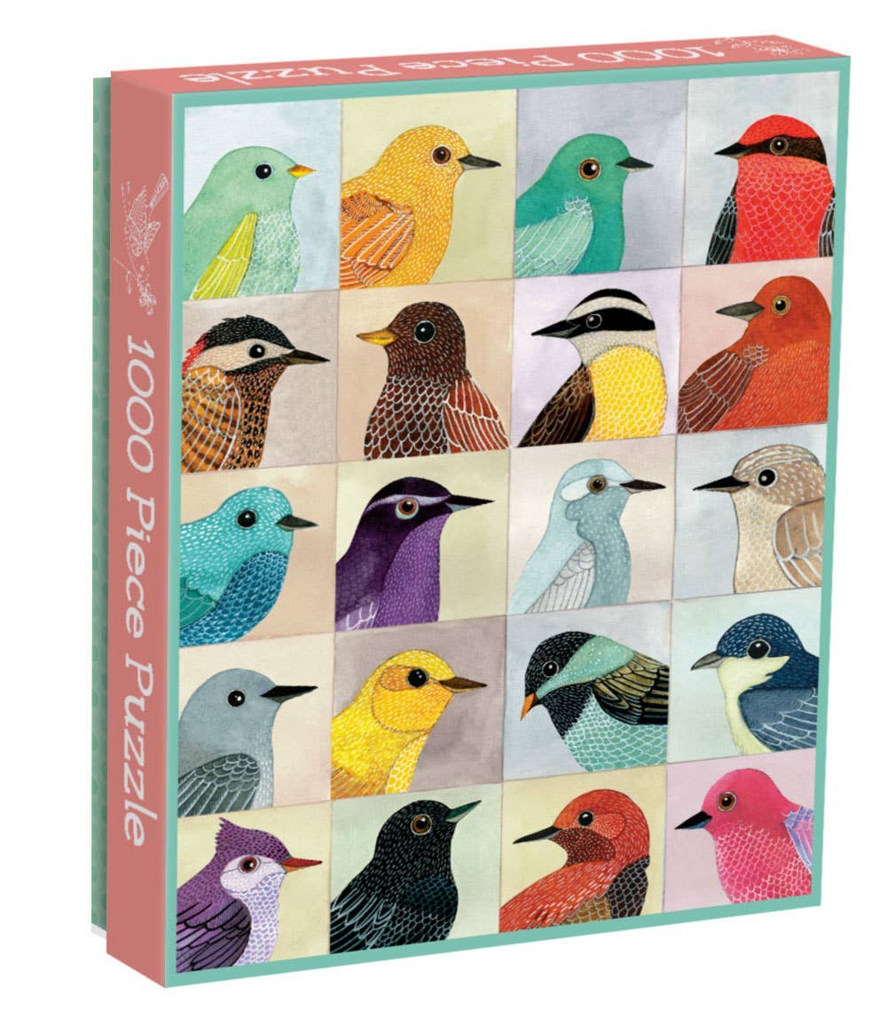 Jigsaw puzzle box with colorful bird illustrations on a grid pattern