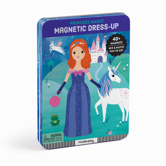 Princess Magic Magnetic Dress-Up toy packaging with a girl in a blue dress and unicorn on a white background