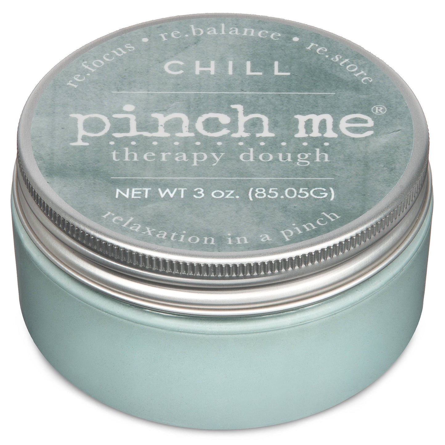 Jar of 'pinch me' therapy dough with a gray lid on a white background
