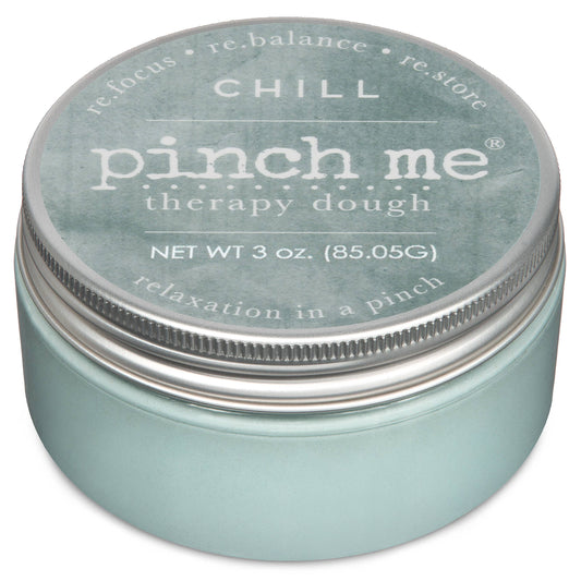 Jar of 'pinch me' therapy dough with a gray lid on a white background