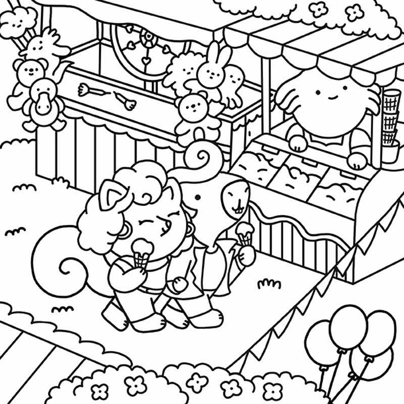 Coloring page with cartoon characters in a garden setting