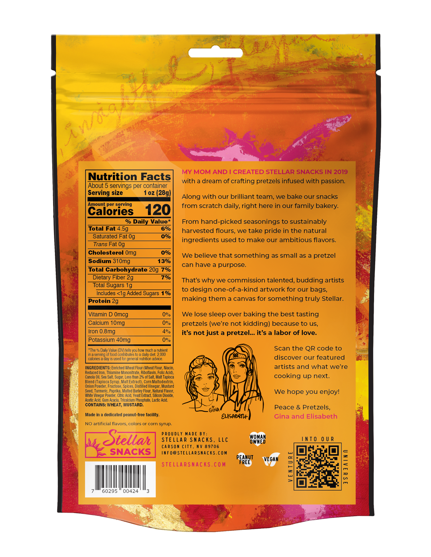 Back of a snack package with nutritional information and branding details.