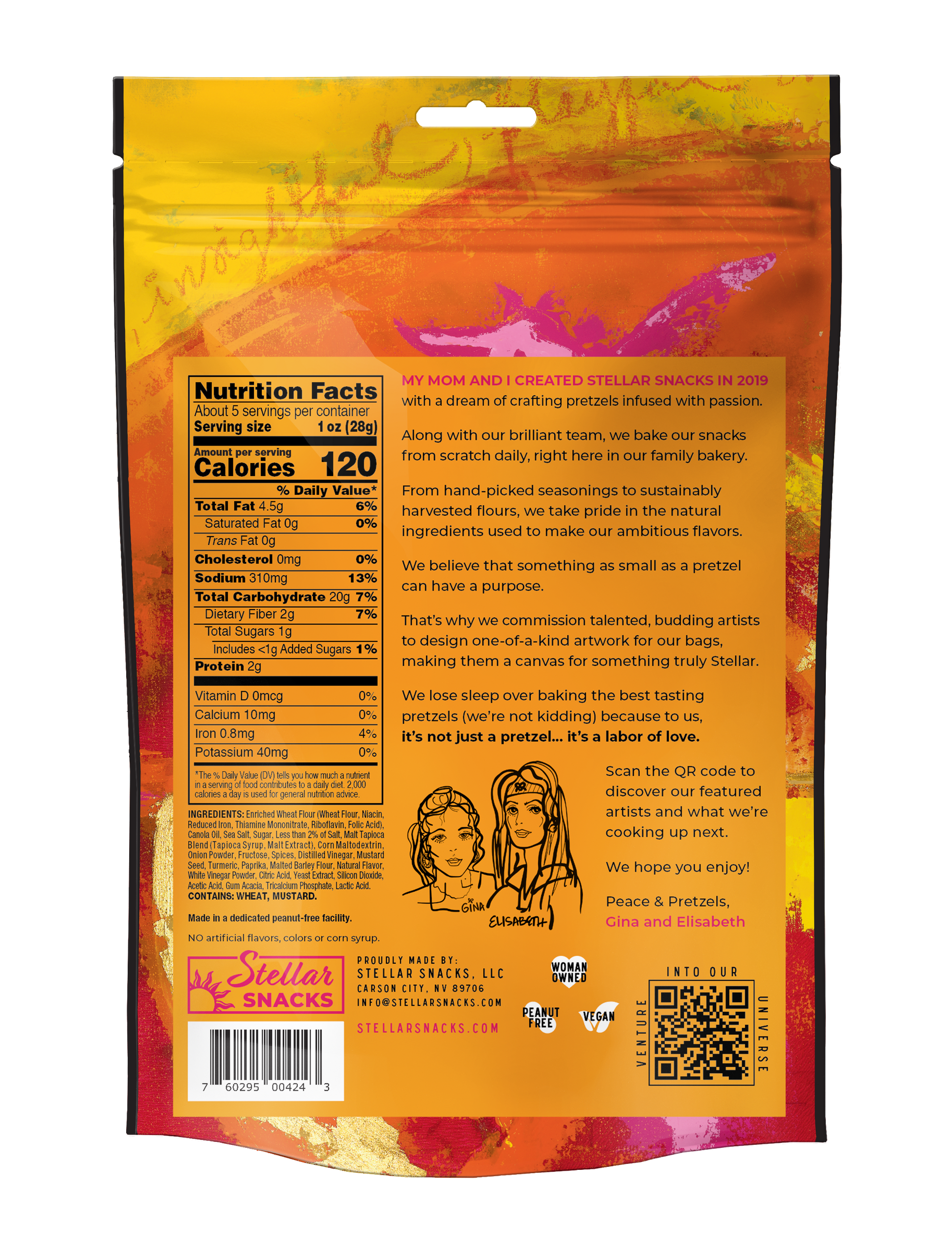 Back of a snack package with nutritional information and branding details.