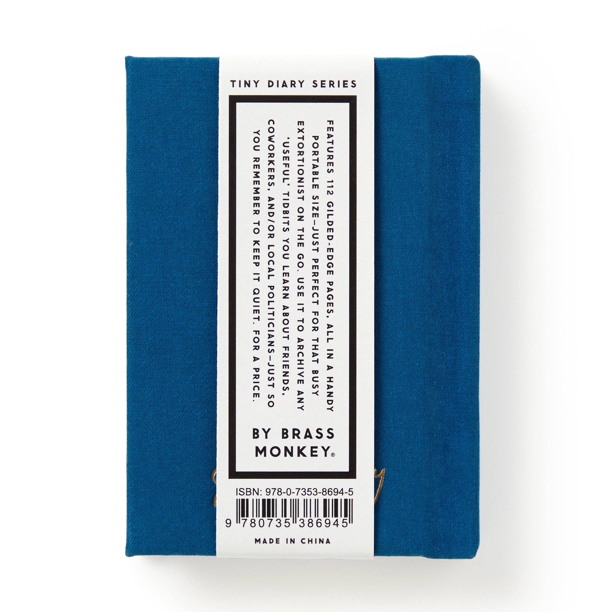 Blue notebook with a white label on a white background