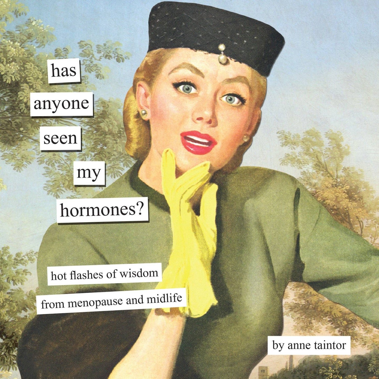 Vintage-style illustration of a woman with text overlay on a scenic background
