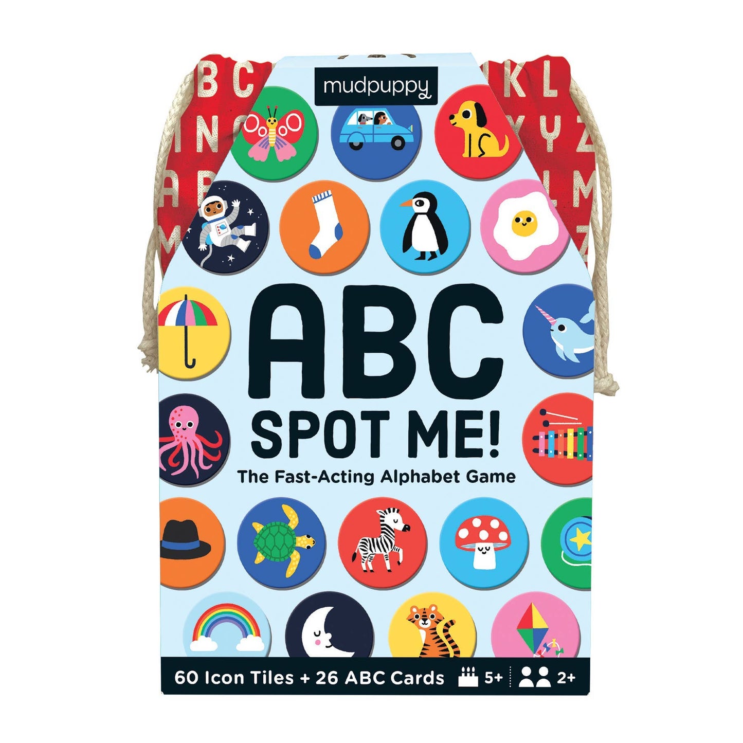 Mudpuppy ABC Spot Me! game packaging with colorful icons and text on a white background