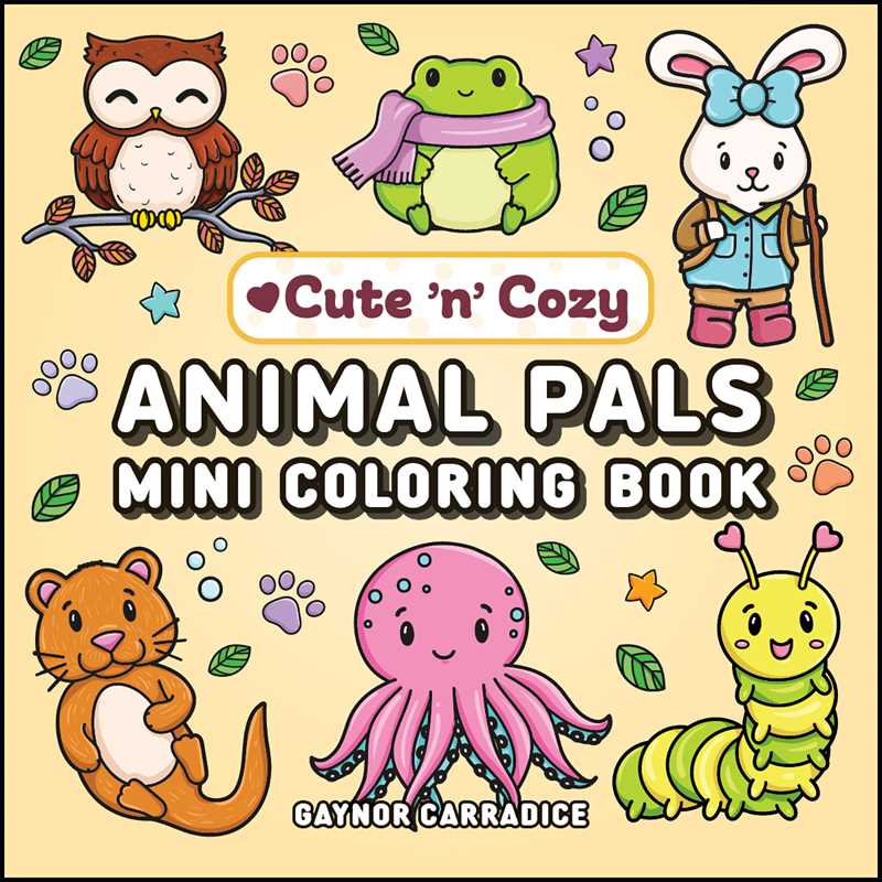 Cover of 'Cute 'n' Cozy Animal Pals Mini Coloring Book' with cartoon animals on a beige background.