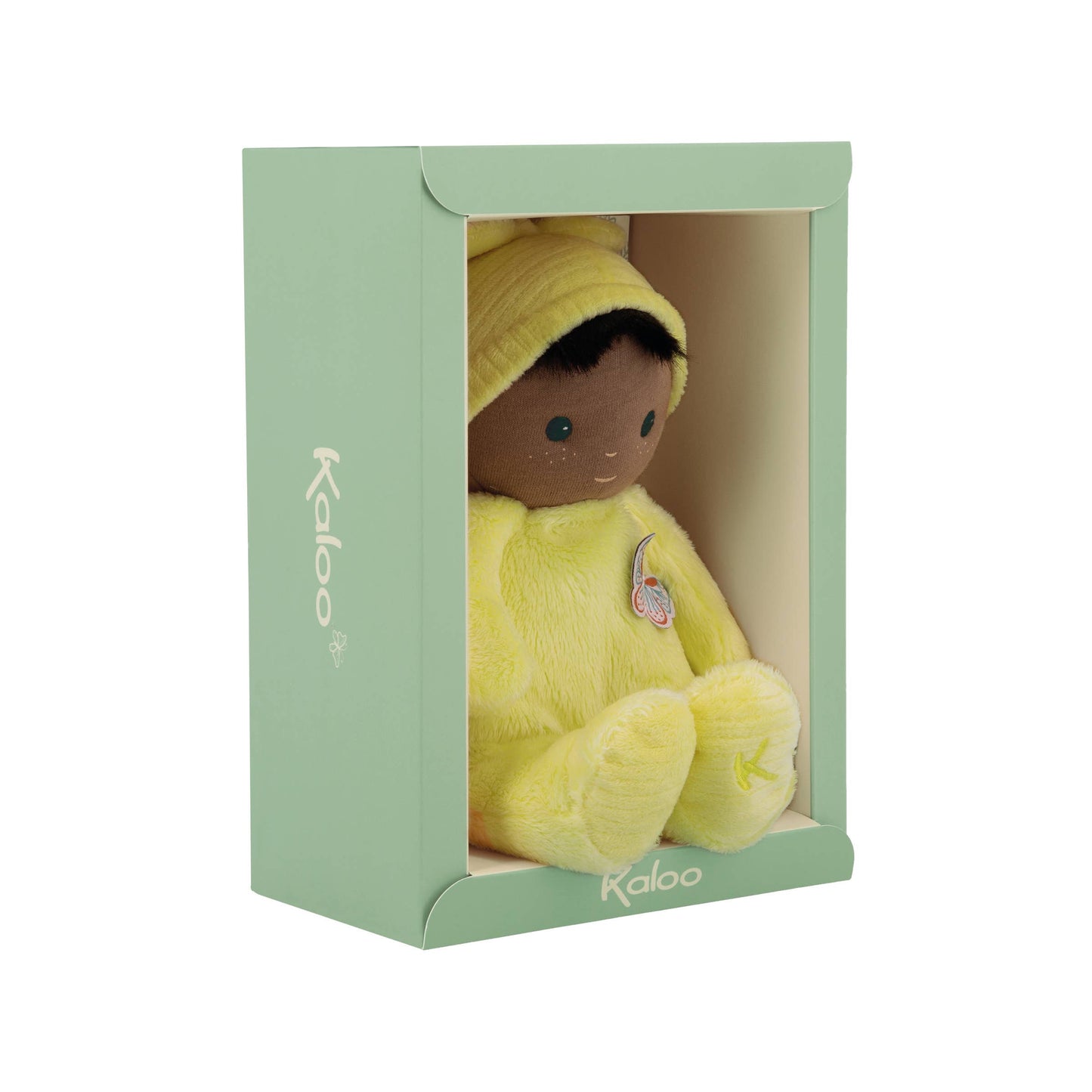 Yellow plush toy with a hood in a green Kaloo box on a white background