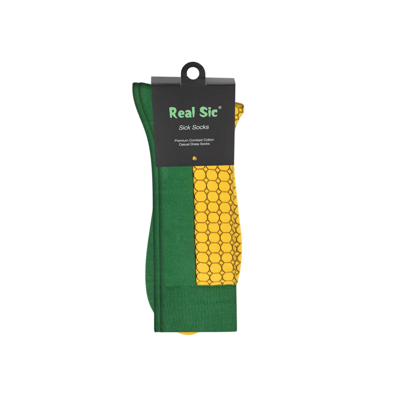Green socks with yellow corn pattern in packaging on a white background