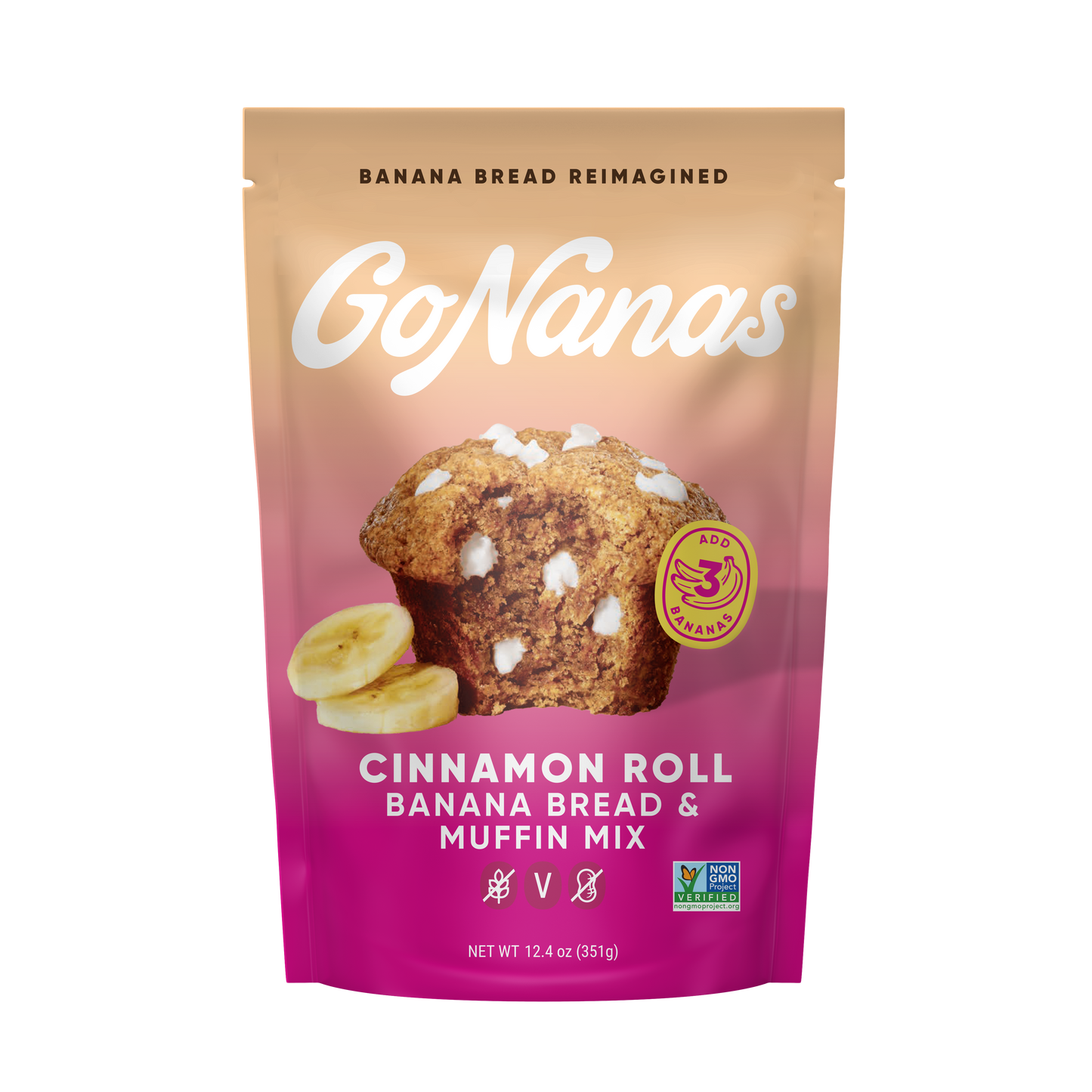 GoNanas cinnamon roll banana bread and muffin mix packaging on a white background
