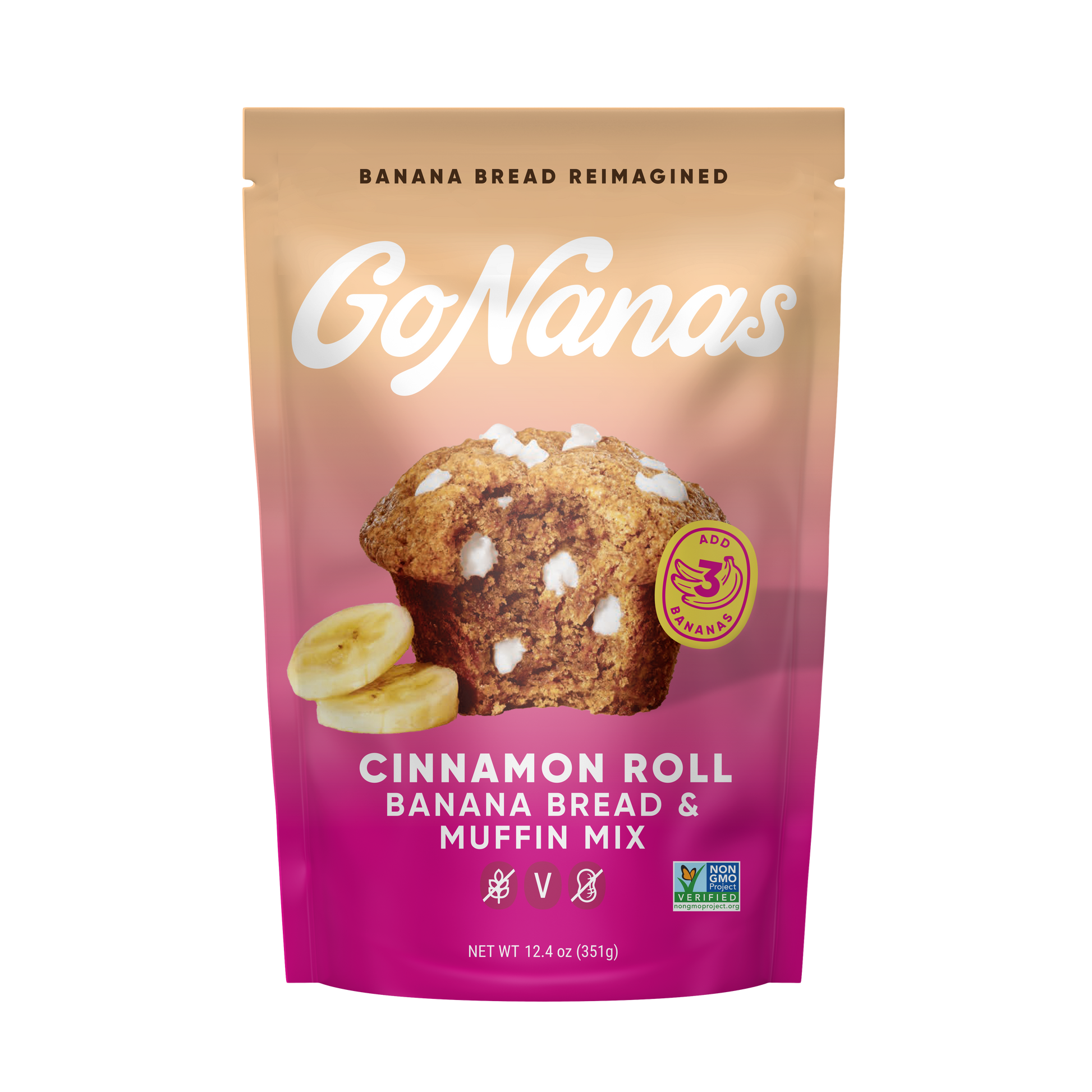 GoNanas cinnamon roll banana bread and muffin mix packaging on a white background