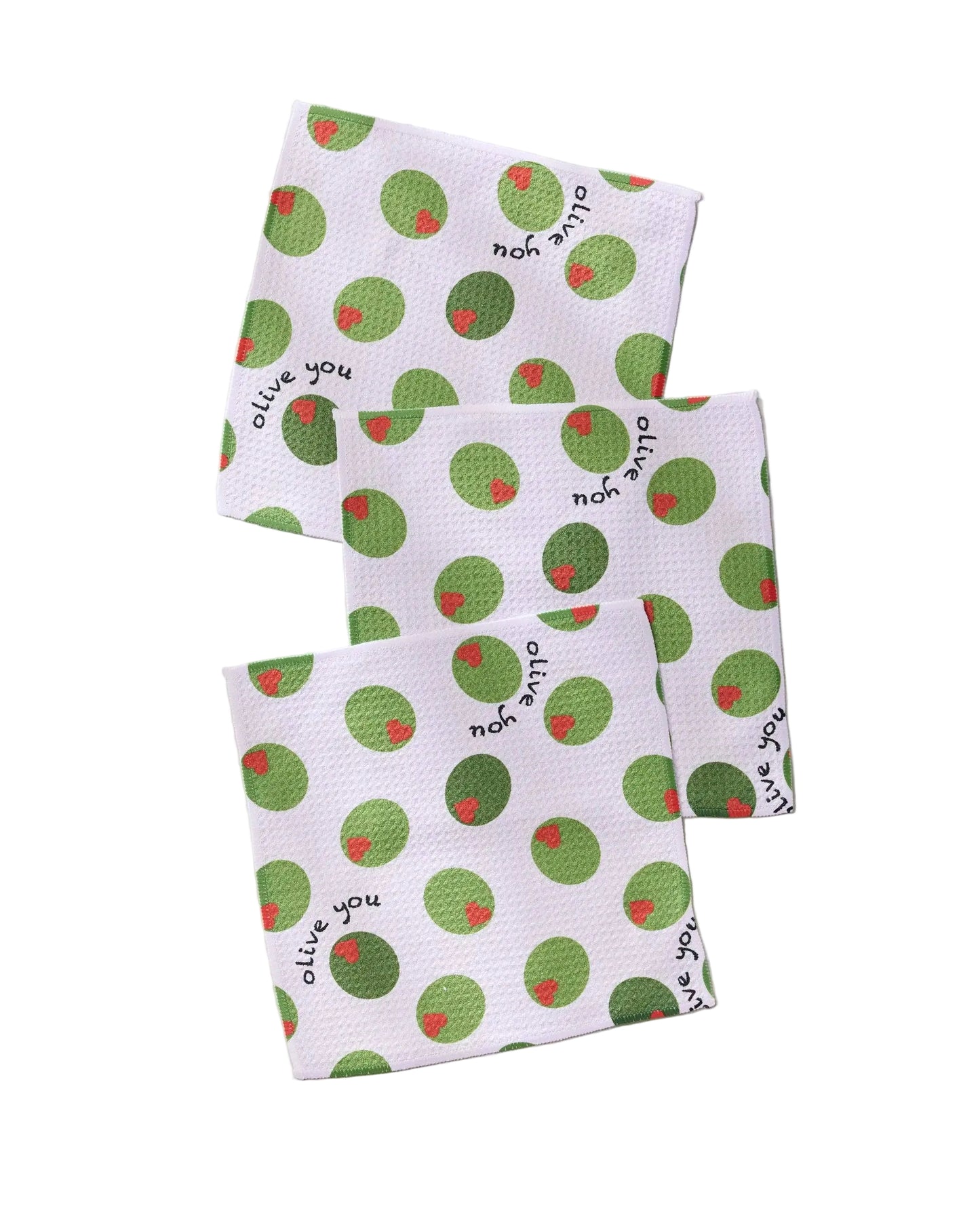 Three dish towels with green olive pattern and 'olive you' text on a white background